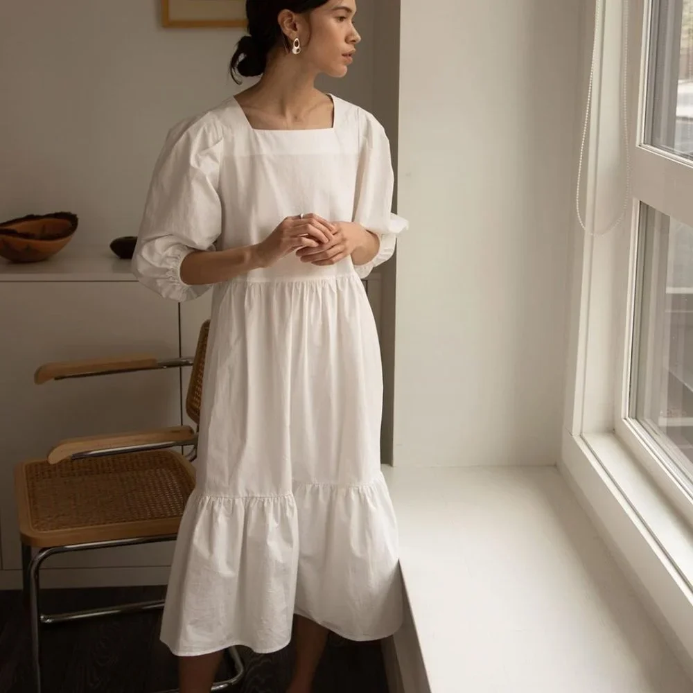 OAK + FORT 6308 Puff Sleeve White Midi Dress Size XS - Picture 9 of 9
